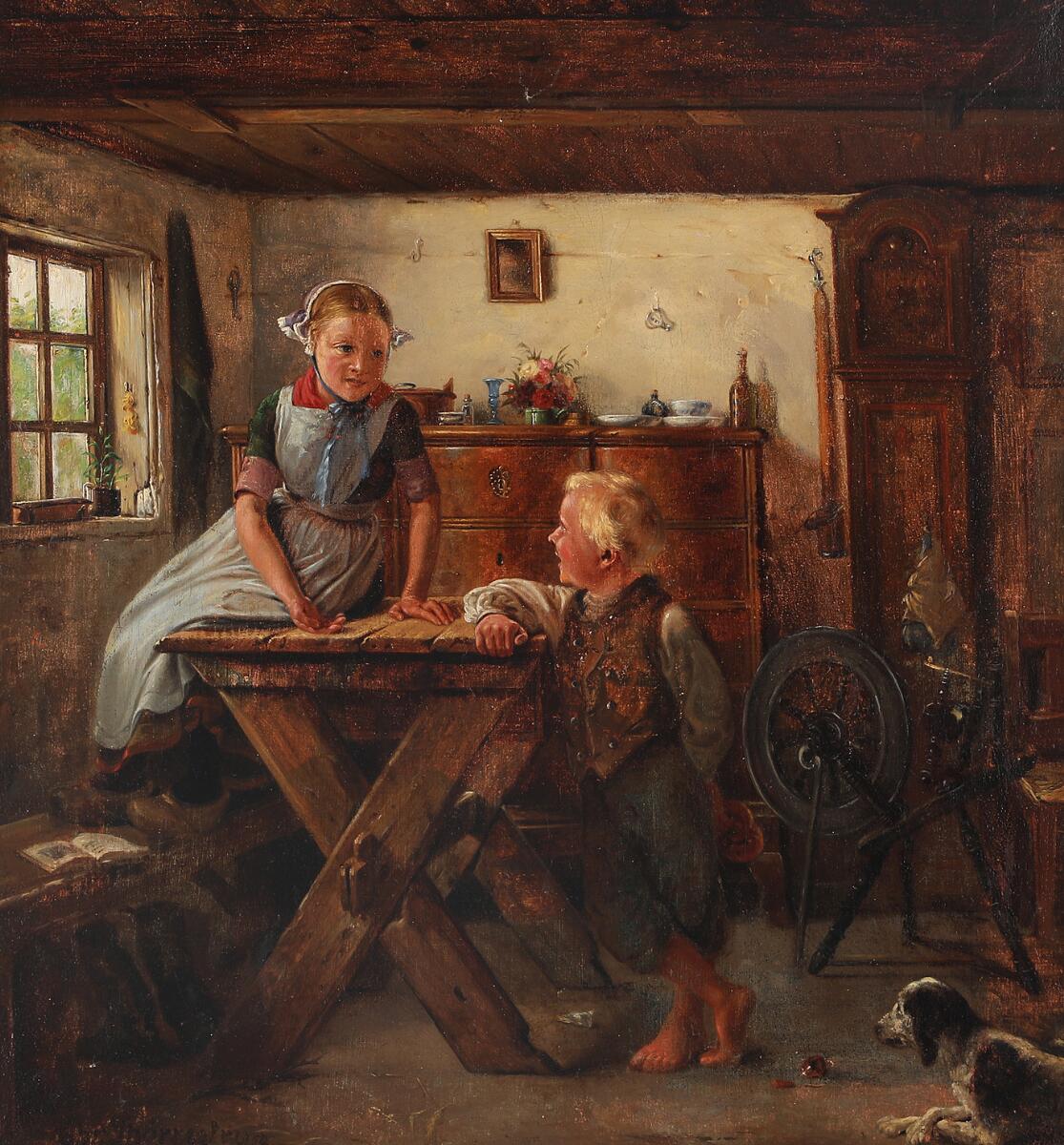 Christian Thørrestrup: Interior of a farmhouse with a girl and a young boy at a table. Signed. Oil on canvas. 46 × 42.5 cm. — Paintings — Bruun Rasmussen
