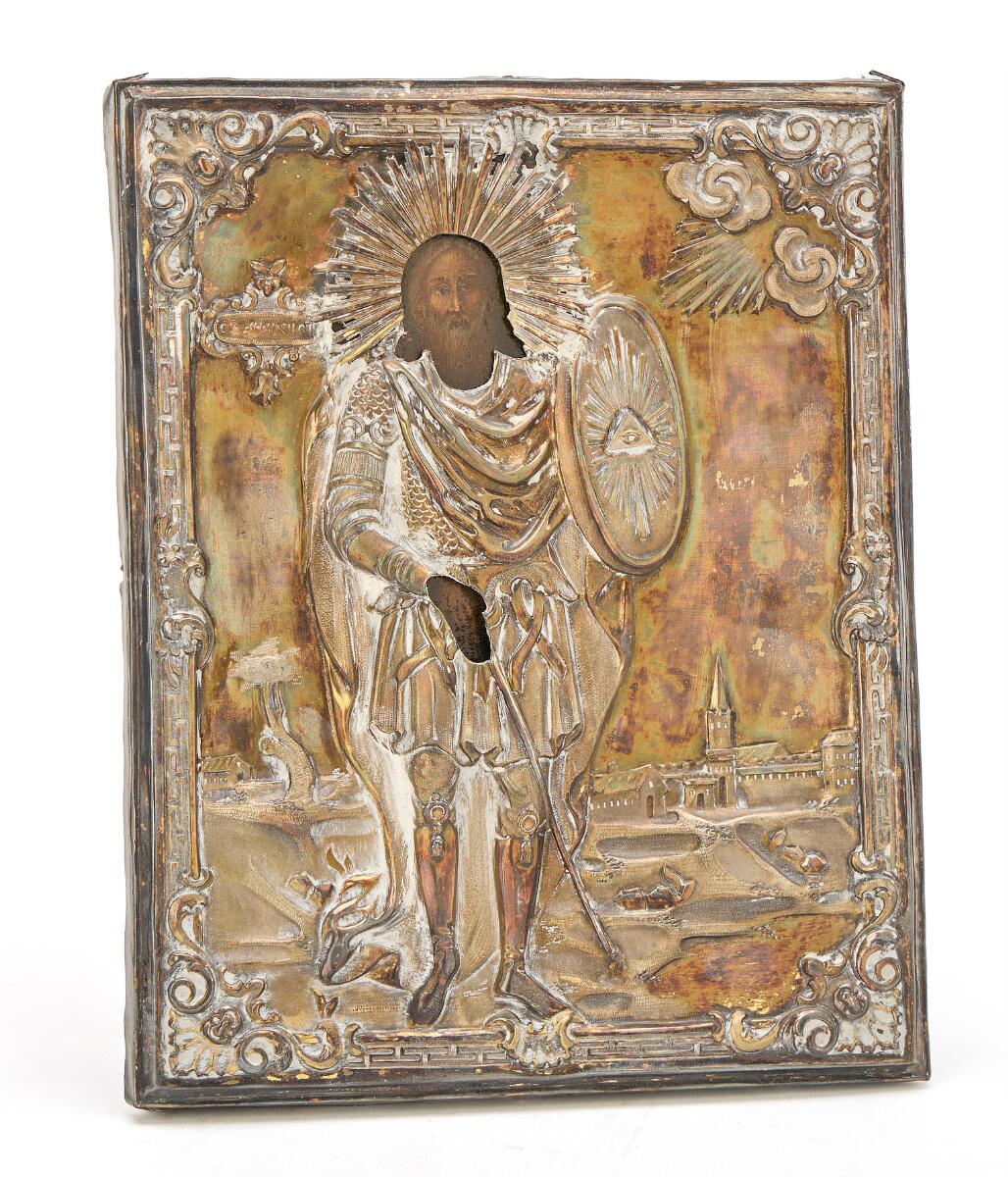 Russian icon depicting a Saint. Tempera on wood panel. Silver oklad. 25×20 cm. — Icons — Bruun Rasmussen