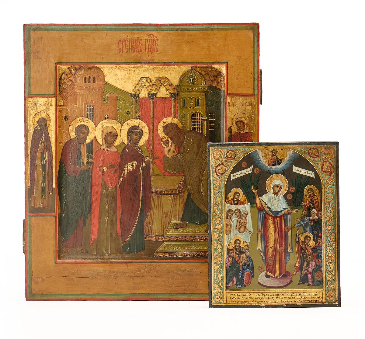 Two Russian icons, “The Circumcision” and “Our Lady of Sorrows”. 19th century. 31×26 cm and 18×14 cm. (2) — Icons — Bruun Rasmussen