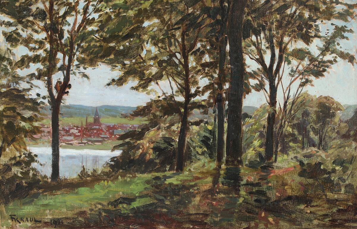 Fritz Kraul: View over Vejle Fjord. Signed F. Kraul, 1911. Oil on canvas. 33×49 cm. — Paintings — Bruun Rasmussen
