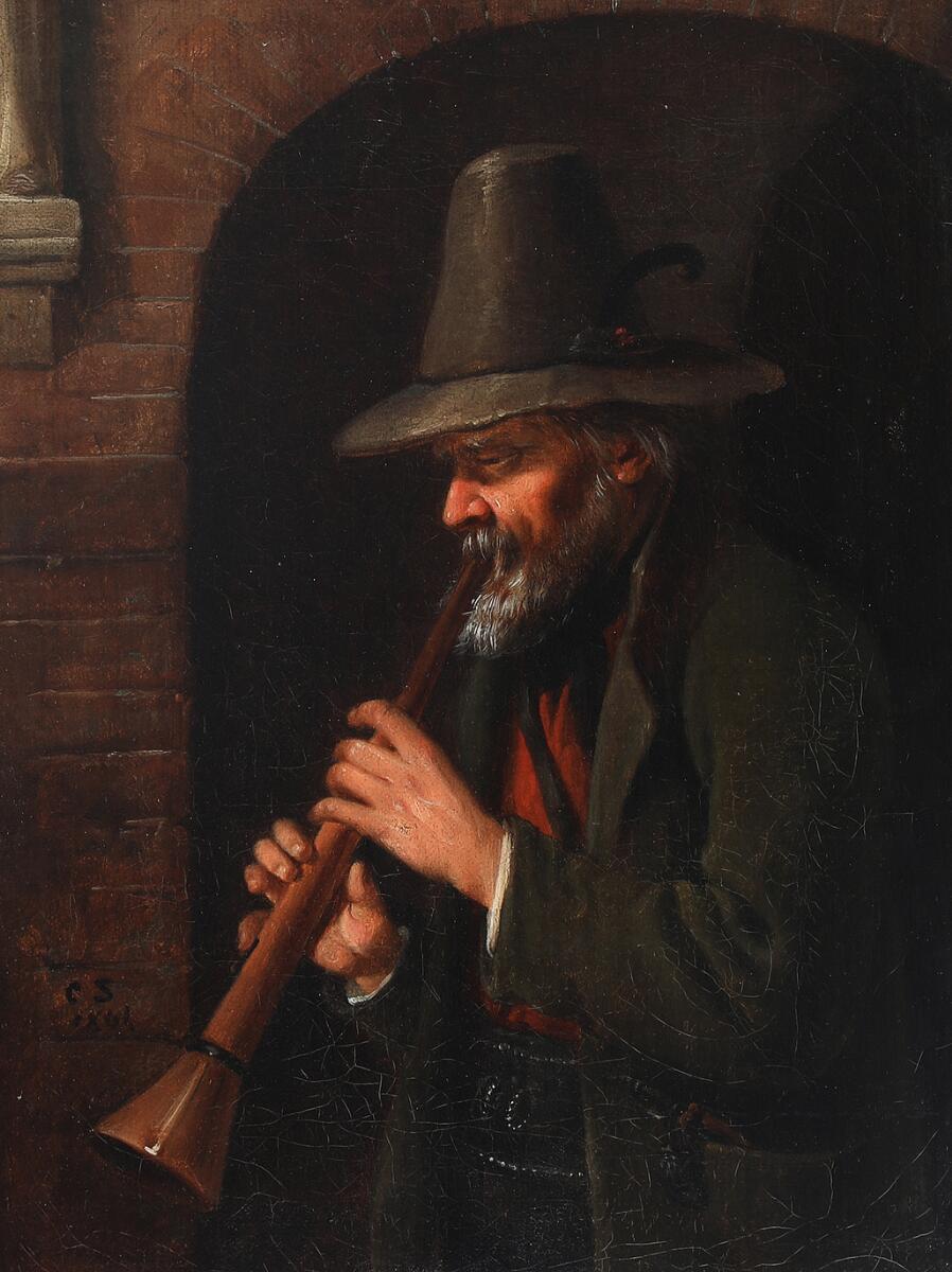 C. A. Schleisner: Fiddler with a woodwind instrument. Signed CS, 1861. Oil on canvas. 34.5×25.5 cm. — Paintings — Bruun Rasmussen