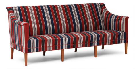 Kaare Klint: Three seater sofa with blue, red and white striped savak wool. Made by Rud. Rasmussen Cabinetmaker's.