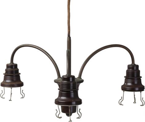 Poul Henningsen: "PH-2/2". "Cascade". Browned brass three arm chandelier frame. Bakelite socket houses.