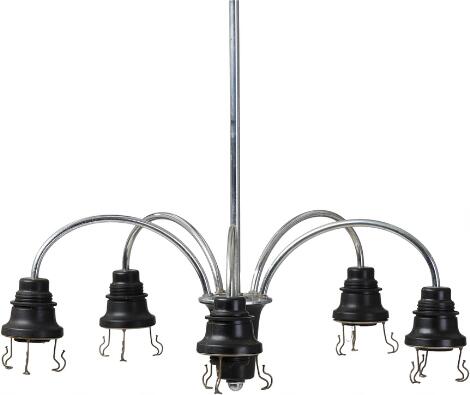 Poul Henningsen: "PH-2/2". "Cascade". Chromed metal five arm chandelier frame. Bakelite socket houses.