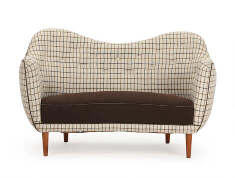 Finn Juhl: "BO 55". Two seater sofa with beech legs and checkered fabric. Manufactured by Bovirke. L. 130 cm.