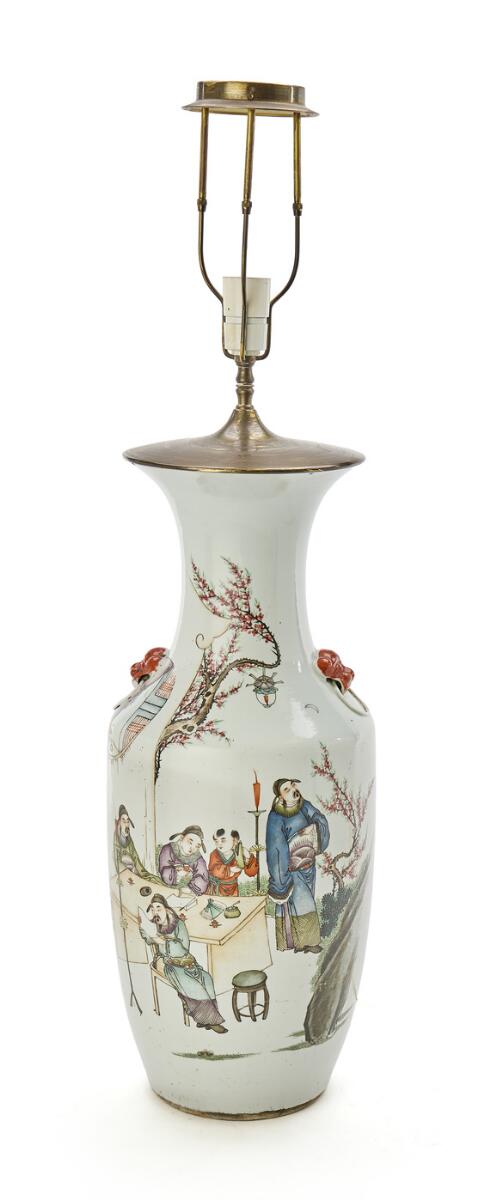 Chinese porcelain vase, decorated in colours with figures. Remade to lamp. Seal marked. H. excl. mounting 57 cm. — Asian decorative art — Bruun Rasmussen