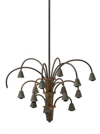 Poul Henningsen: "PH-2/1" "Cascade". Patinated brass 15-armed chandelier frame. Manufactured 1940s by Louis Poulsen.
