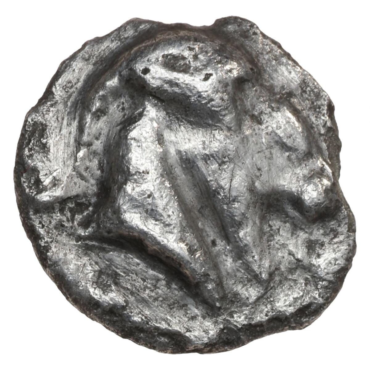 Ancient Greece, Aeolis, Kyme. 350–250 BC. AR Hemiobol (0.42 g). Head of goat right / Rosette of petals within incuse circle