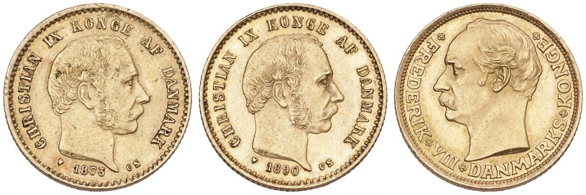 Christian IX, 10 kr 1873 and 1890 CS, H 9A, F 296, and Frederik VIII, 10 kr 1909 VBP, H 2, F 298, in total 3 pcs