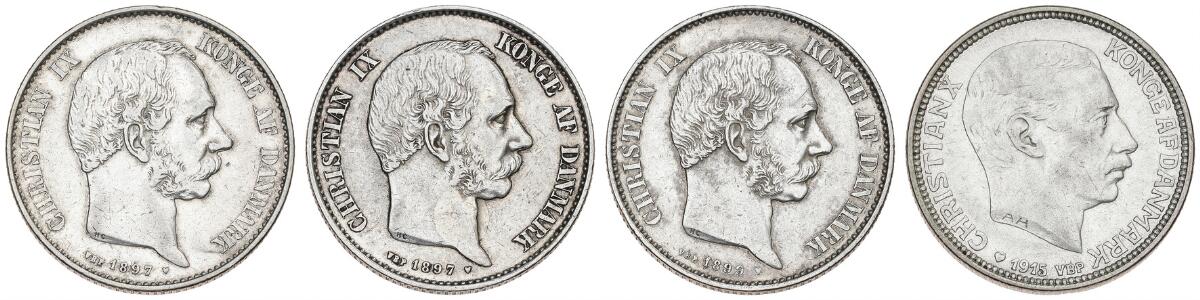 2 kr 1897 VBP (2 pcs.), 1899 VBP, H 13B; Christian X, 2 kr 1915 VBP, H 8, in total 4 pcs
