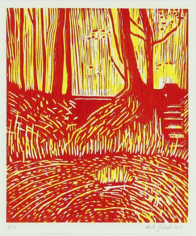 Morten Schelde: Untitled. Signed Morten Schelde 2014, 5/24. Woodcut in colours. Visible size 35 x 30 cm.