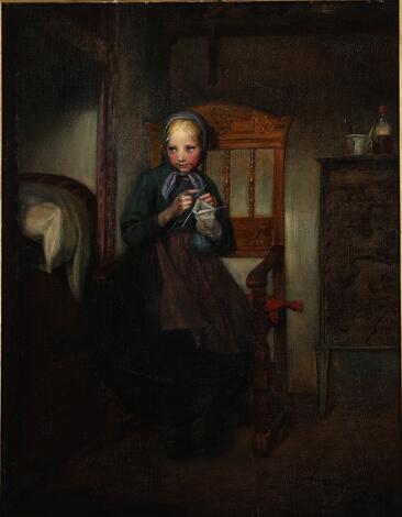 Kristian Zahrtmann: "En ung pige siddende på en stol ved siden af en seng". Signed with monogram 1869. Oil on canvas. 40.5 x 31.5 cm.