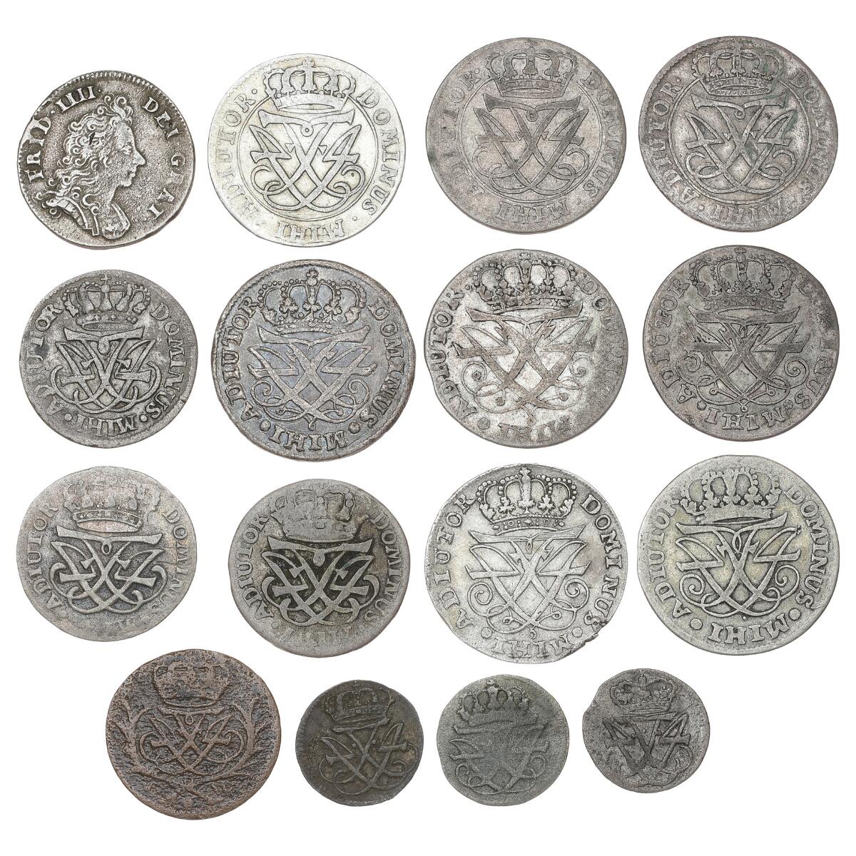Frederik IV, collection of coins, in total 16 pcs — Coins, Medals & Banknotes/Denmark/Frederik IV, 1699–1730 — Bruun Rasmussen
