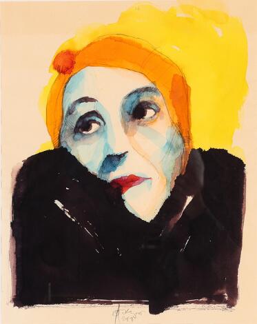 Ole Aakjær: Portrait of Karen Blixen. Signed O. Aakjær 19. Watercolour on paper. Visible size 49 x 39 cm