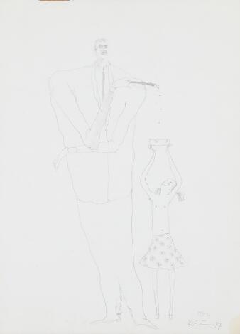 Michael Kvium: Gentleman with cigar and girl with ashtray. Signed Kvium, 19/3, 87. Pencil on paper. Sheet size 33 x 25 cm. Unframed.