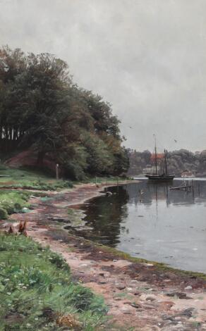 Danish design, Peder Mønsted: Coastal scene from Fænø with a view of Hindsgavl Castle. Signed and dated P. Mønsted, Fænø, 1915. Oil on canvas. 82 x 52 cm.