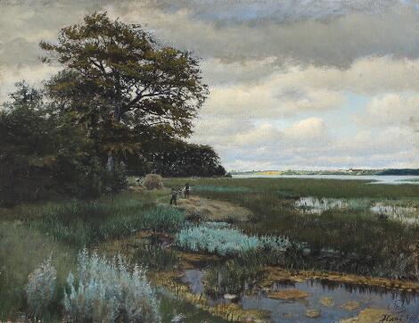 Otto Bache: Scenery with people harvesting reed at Glænø. Signed and dated O. Bache, Glænö, 90-92. Oil on canvas. 42 x 55 cm.