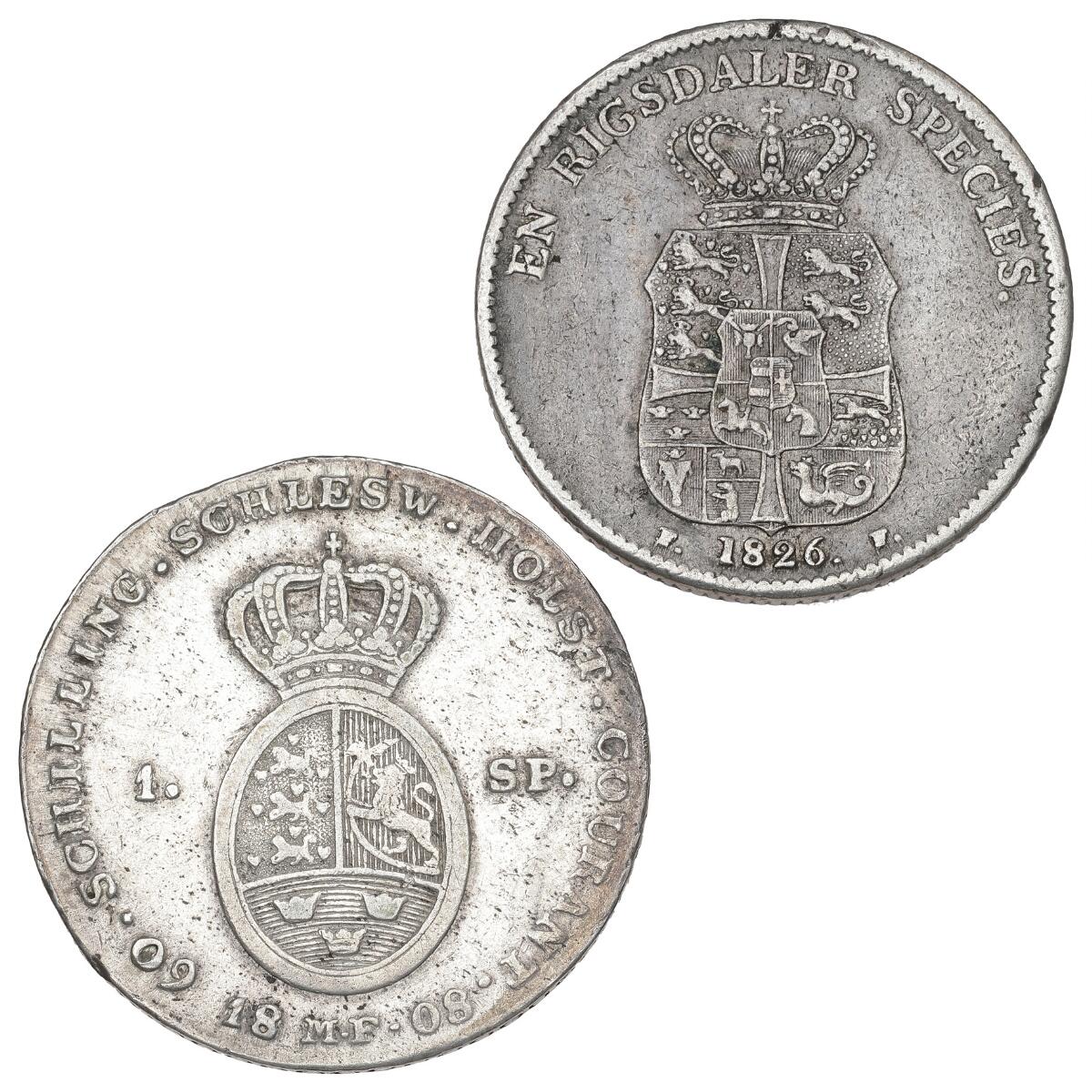 Christian VII, Schleswig-Holstein, speciedaler 1808 MF, Altona, H 39A; Frederik VI, speciedaler 1826, H 26D — Coins, Medals & Banknotes/Denmark/Christian VII, 1766–1808 — Bruun Rasmussen