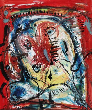 J.V. Martin: "Tribute to the Vikings". 1977. Signed J.V. Martin. Synthetic paint on canvas. 92 x 75 cm.