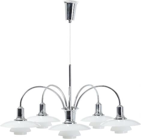 Poul Henningsen: "Cascade". Chromium-plated chandelier, five branches with 2/1 opal glass shades. Stamped. Diam. 67 cm.