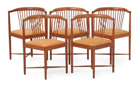 Børge Mogensen: "King of Diamonds". Set of five mahogany chairs, seat upholstered with patinated light leather. Manufactured by Søborg Møbler. (5)