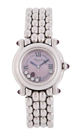 Chopard: Happy Sport of steel with pink mother-of-pearl dial set with 4 diamonds and one ruby. Quartz movement, cal. ETA. 1995.