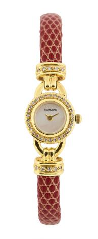 Klarlund: "Cocktail" of 18k gold with mother-of-pearl dial and diamond-set bezel. Quartz movement. 2000s.