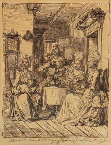 Wilhelm Marstrand: Scene from a comedy by Ludvig Holberg. Pen on paper. Visible size 26 x 20 cm.