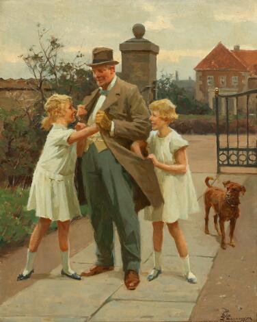 Erik Henningsen: Two girls searching the visitor's pockets. Signed Erik Henningsen. Oil on canvas laid on canvas. 50 x 40 cm.