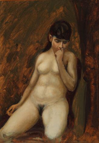 Unknown artist, 20th century: A seated female model. Unsigned. Oil on canvas board. 47 x 35 cm.