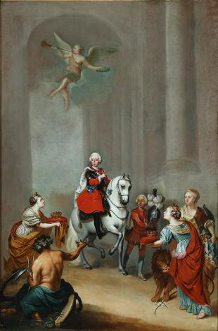 Johan Friedrich Gerhard and/or his workshop, 18th century: Frederik V celebrated as King of Denmark and Norway. Oil on canvas. 85 x 57.