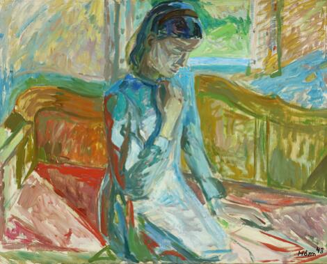 Paul Høm: Girl in an interior. Signed Høm 43. Oil on canvas. 80 x 100 cm.