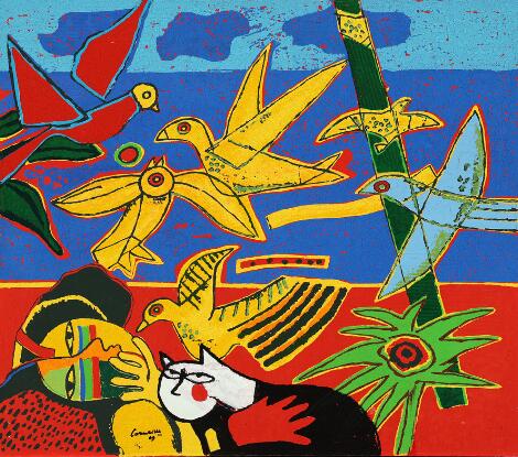 Corneille: Untitled. Signed Corneille 09, 24/90. Terrograph on canvas. 70 x 80 cm.