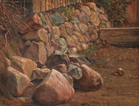 F. C. Kiærskou: A stone wall. Signed and dated FCK 1870. Oil on panel. 20 x 25 cm. (S451)