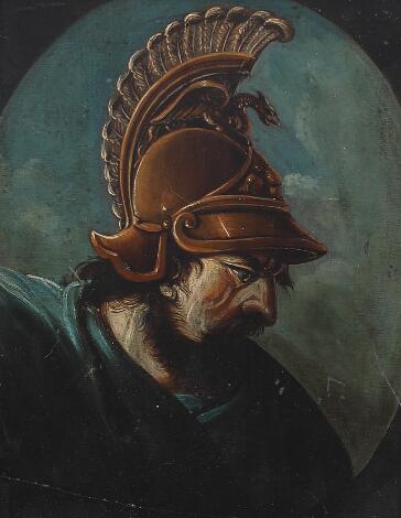 Jan van Buken: Portrait of a warrior. Unsigned. Inscribed on the reverse Buken. Oil on wood. 20 x 16 cm. (N267)