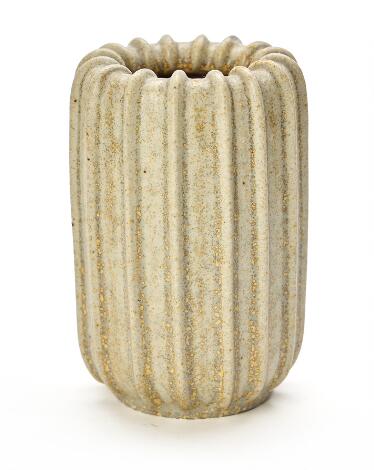 Arne Bang: A stoneware vase modelled with relief fluting. Decorated with pale greyish-green glaze with yellow elements. H. 14 cm.