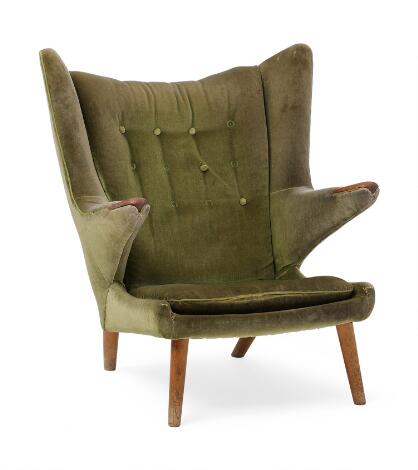 Hans J. Wegner: "Papa Bear". Easy chair with teak nails and oak legs, upholstered with green plush. AP-Stolen.