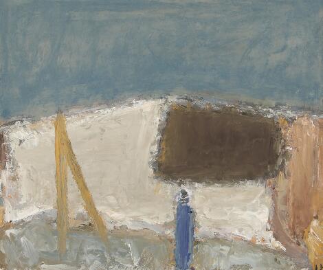 Johannes Hofmeister: Landscape with Figure in the Foreground, Hjørring Mountains. Signed JH Oil on masonite. 50 x 58 cm.