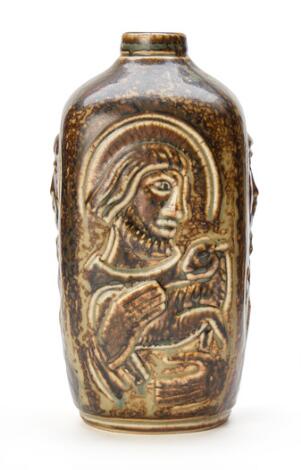 Jais Nielsen: A bottle-shaped stoneware vase. Four-sided shape with narrow mouth. H. 22 cm.