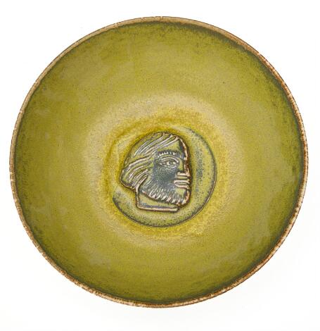 Jais Nielsen: A circular stoneware bowl decorated with solfatara glaze. Signed Jais. Royal Copenhagen. Unique. H. 9 cm. Diam. 24.5.