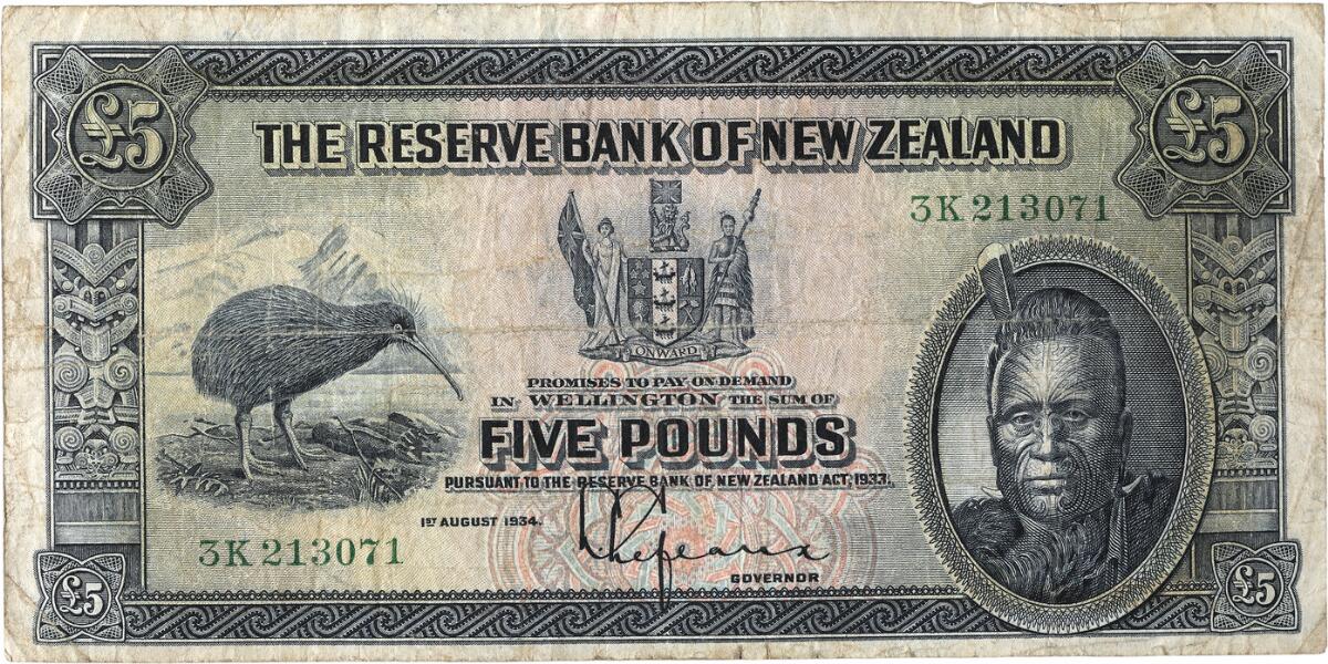 SOLD. New Zealand, 5 Pounds, 1st August 1934, Pick 156 – Bruun ...