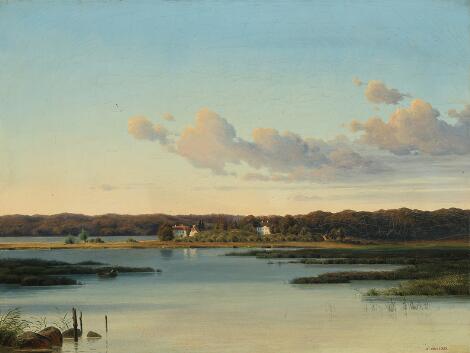 Peter Ølsted: View from a lake shore towards Marienborg Castle. Signed P. Ølsted. Dated on the back of the frame 1862. Oil on canvas. 36 x 47.5 cm.