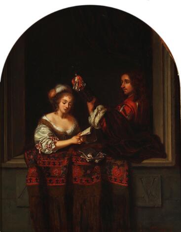 Caspar Netscherafter, 20th century: A singing lady and a lute-playing man. Signed M. v. Matzdorf. Oil on wood. 45 x 34 cm.