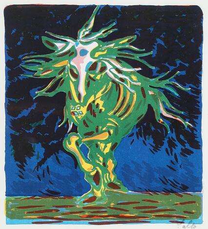 Axel Salto: "Helhesten", 1942. Signed Salto. Lithograph in colours. Visible size 20 x 18.5 cm.