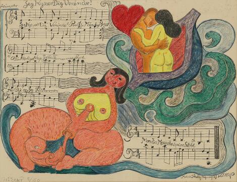 Henry Heerup: "I Kiss You, My Dear Friend!". Signed Heerup, Lithograph in colours. 5/150. 47 x 61 cm.