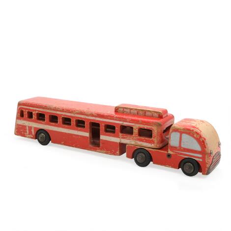 LEGO: Truck made of painted wood. 1950s. H. 7. L. 37 cm.