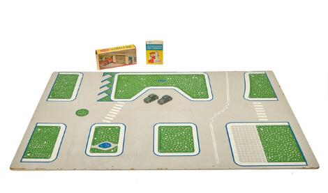 LEGO Bricks: Two boxes 1236 and 1245, two cars and masonite town plan. (2)
