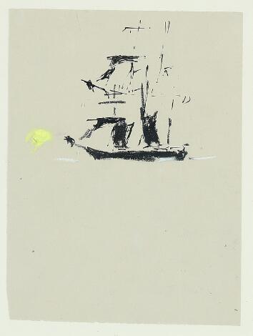 Oluf Høst: Ship. Unsigned. Mixed media on paper. Sheet size 22 x 16 cm.