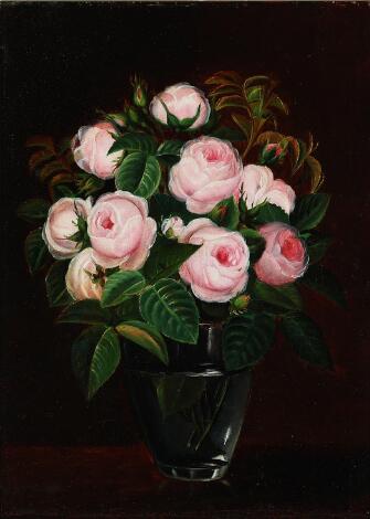 I. L. Jensen, school, 19th century: Still life with pale pink roses. Unsigned. Oil on canvas. 24 x 33 cm.