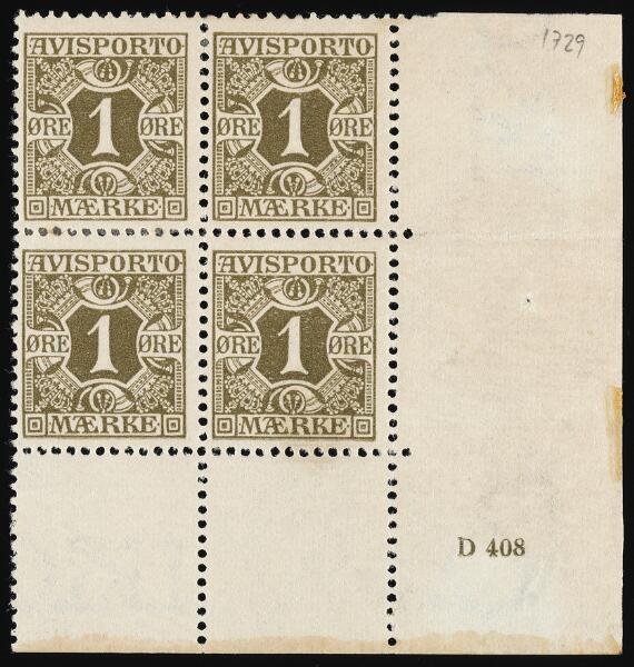 Newspaper. 1907. 1 Øre, olive. Never hinged block of 4 with small plate ...